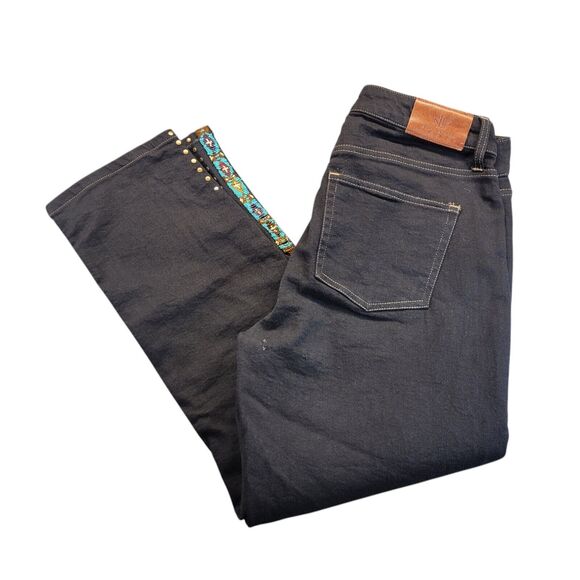 Ralph Lauren Women's Beaded Aztec High Rise Straight Cropped Jeans Black Size 10 - Picture 1 of 16